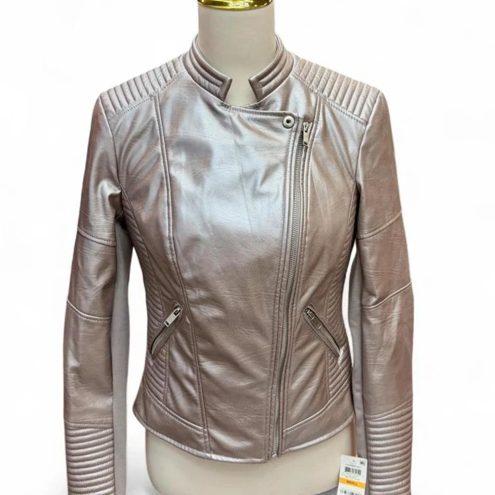 BAR III Metallic Rose Gold Faux Leather Biker Moto Jacket NWT Small